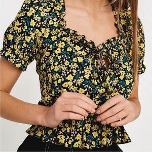 Urban Outfitters Yellow Floral Tie-Front Crop Top
